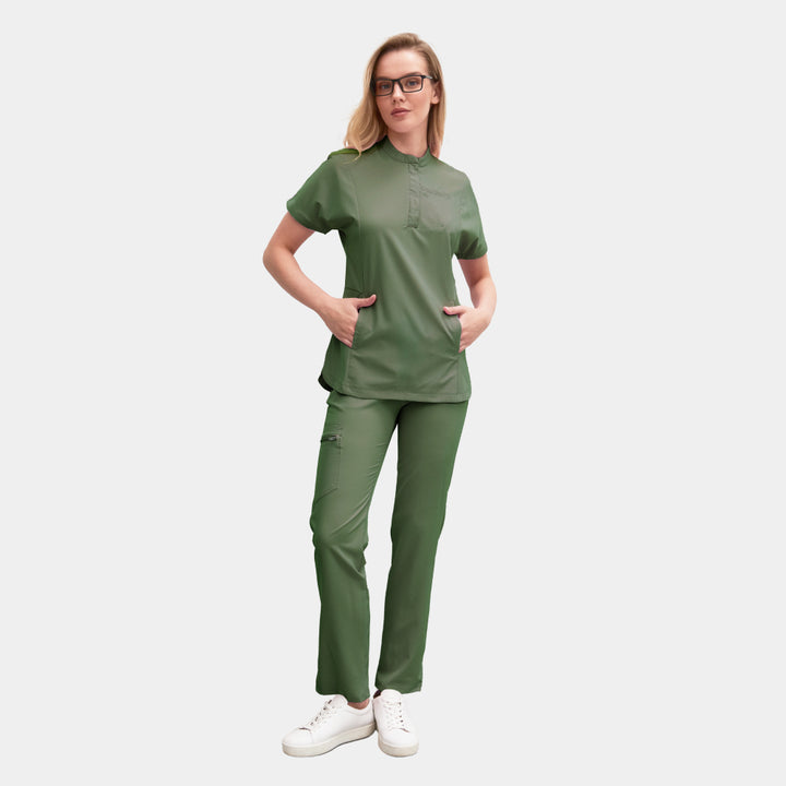 Allscrubs Women’s Serene scrub set in olive – collared top and straight-leg pants, full front view