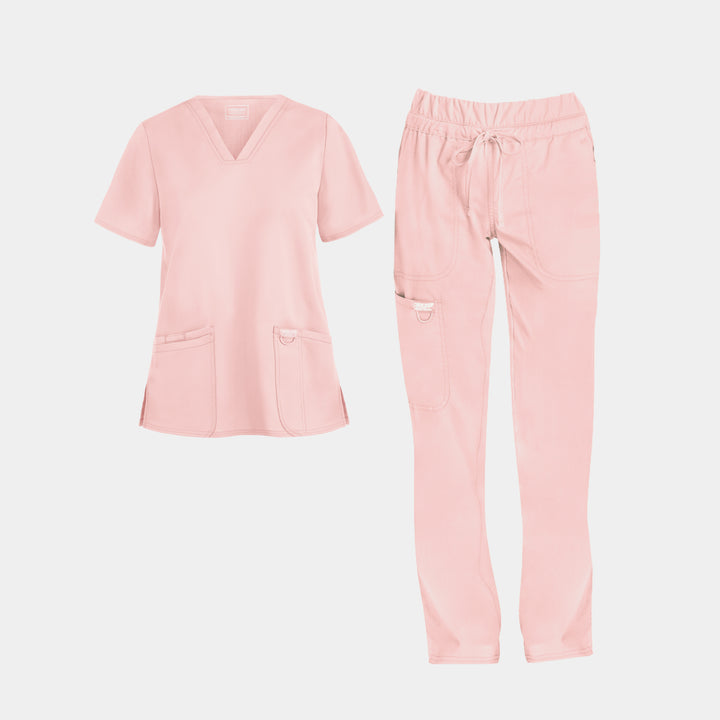 Cherokee Revolution women’s scrub set in Pink Essence – matching WW620 v-neck top and WW105 tapered pants
