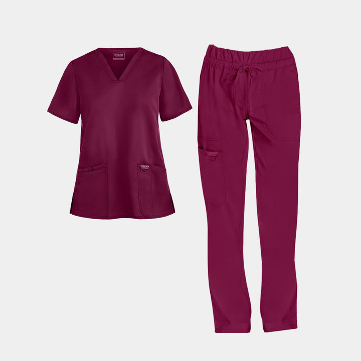 Cherokee Revolution women’s scrub set in Wine – v-neck WW620 top and WW105 tapered pants