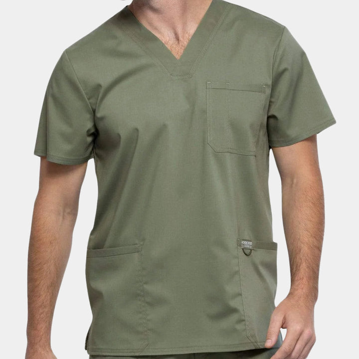 Zoomed front view of Cherokee Revolution WW670 men's v-neck utility scrub top in Olive