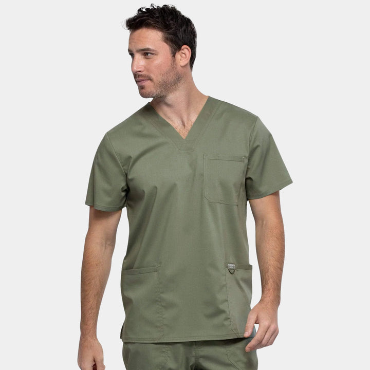 Front view of Cherokee Revolution WW670 men's v-neck utility scrub top in Olive