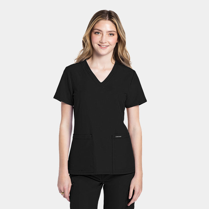 Cherokee Workwear Originals Ultra women’s CK953A v-neck scrub top in Black – front view