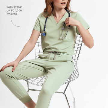 Allscrubs Brave Women's Scrub Set in Matcha Cream – Sitted Pose