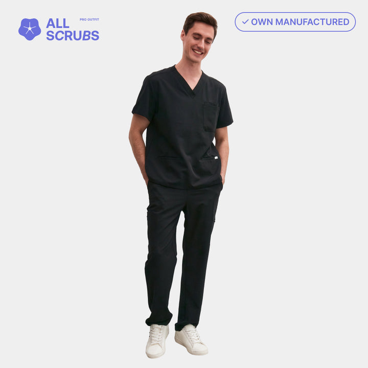 Alternative front view of Allscrubs Men's Zen Medical Scrub Set in black