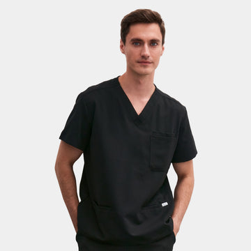 Allscrubs Men’s Zen Scrub Top in black worn by a model