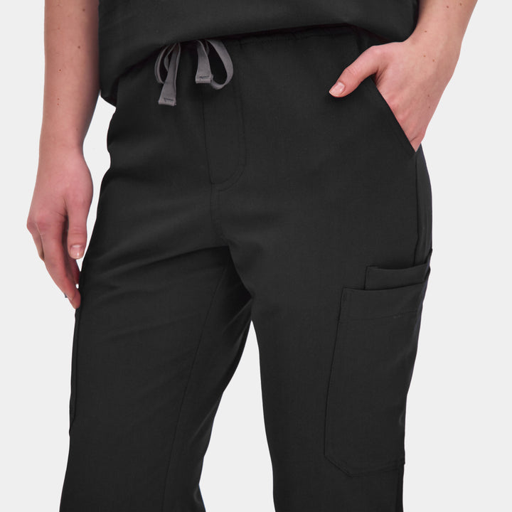Front view of Allscrubs Women's Mild Cargo Scrub Pants in Black