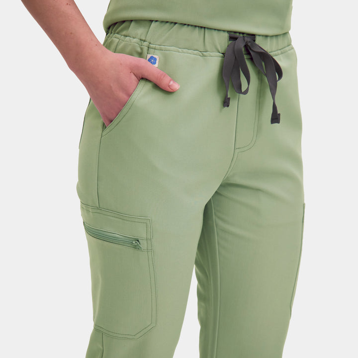 Front view of Allscrubs Women's Mild Cargo Scrub Pants in Pistachio