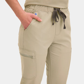 Front view of Allscrubs Women's Mild Cargo Scrub Pants in Sand