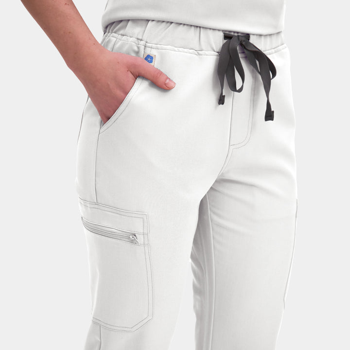 Front view of Allscrubs Women's Mild Cargo Scrub Pants in White