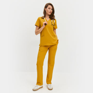 Front view of Allscrubs Women's Mild Medical Scrub Set in Amber