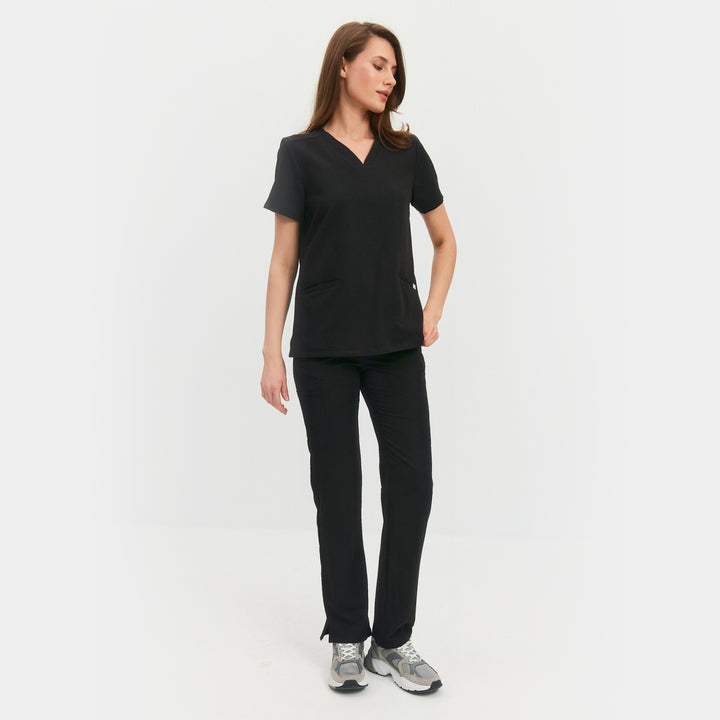 Front view of Allscrubs Women's Mild Medical Scrub Set in Black
