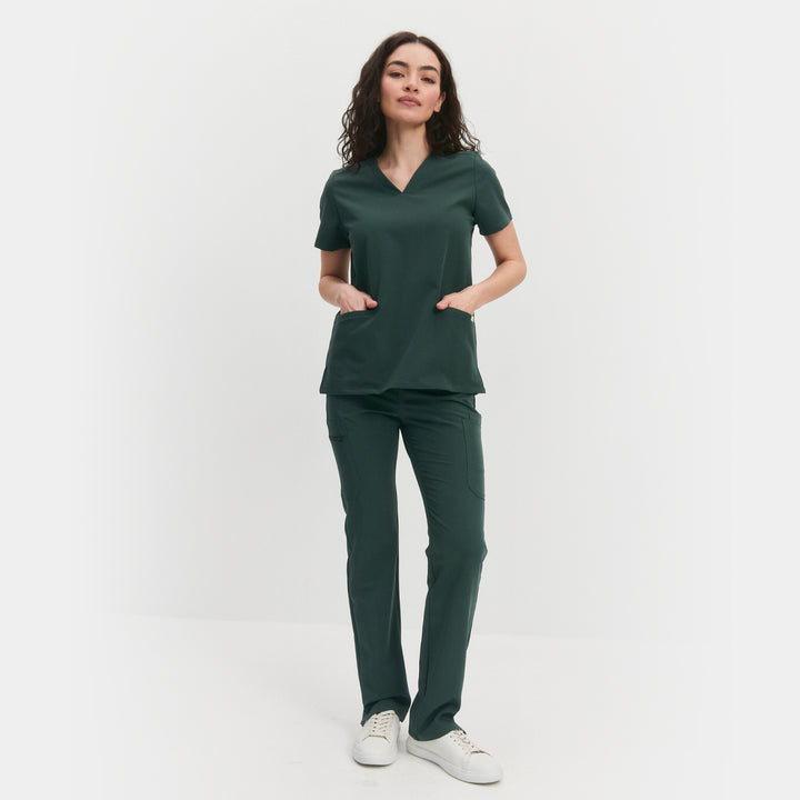 Front view of Allscrubs Women's Mild Medical Scrub Set in Forest Green