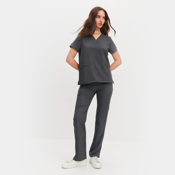 Front view of Allscrubs Women's Mild Medical Scrub Set in Graphite