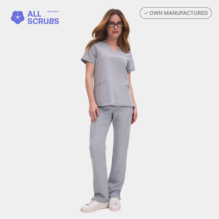 Full front view of Allscrubs Women's Mild Medical Scrub Set worn in Light Gray