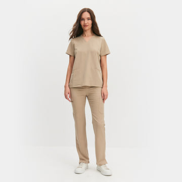 Front view of Allscrubs Women's Mild Medical Scrub Set in Sand