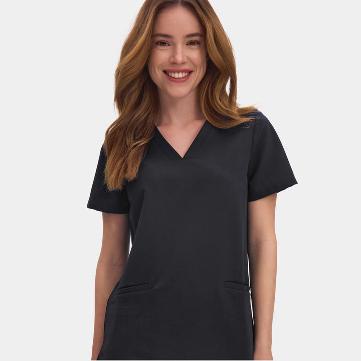 Front view of Allscrubs Women's Mild V-Neck Scrub Top in Black