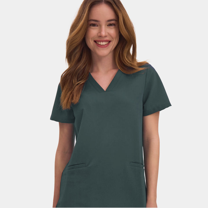Front view of Allscrubs Women's Mild V-Neck Scrub Top in Forest Green