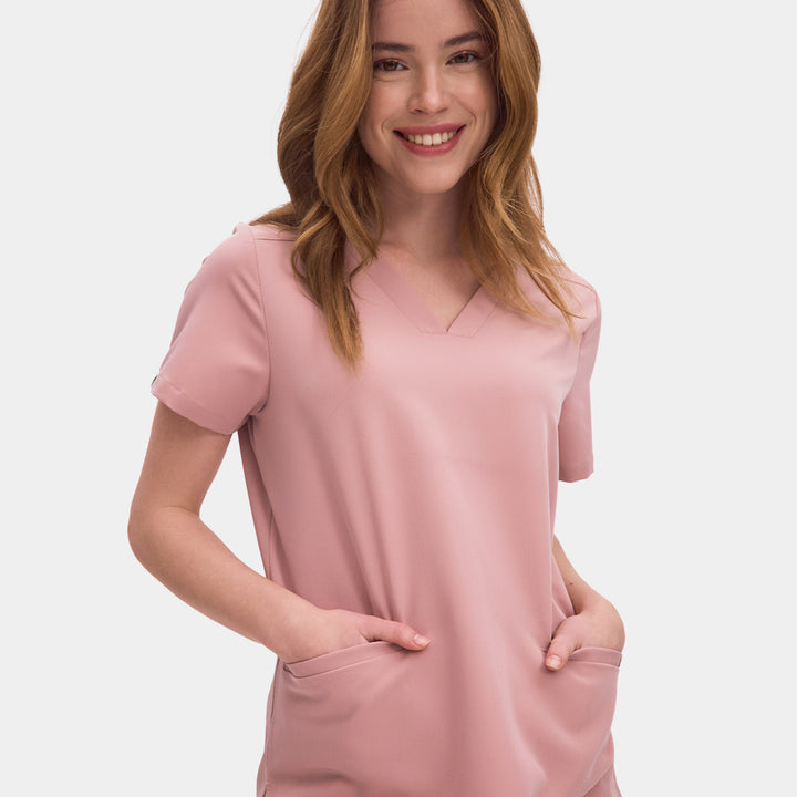 Front view of Allscrubs Women's Mild V-Neck Scrub Top in Pink Essence