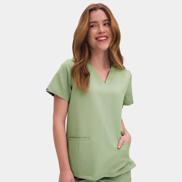 Front view of Allscrubs Women's Mild V-Neck Scrub Top in Pistachio