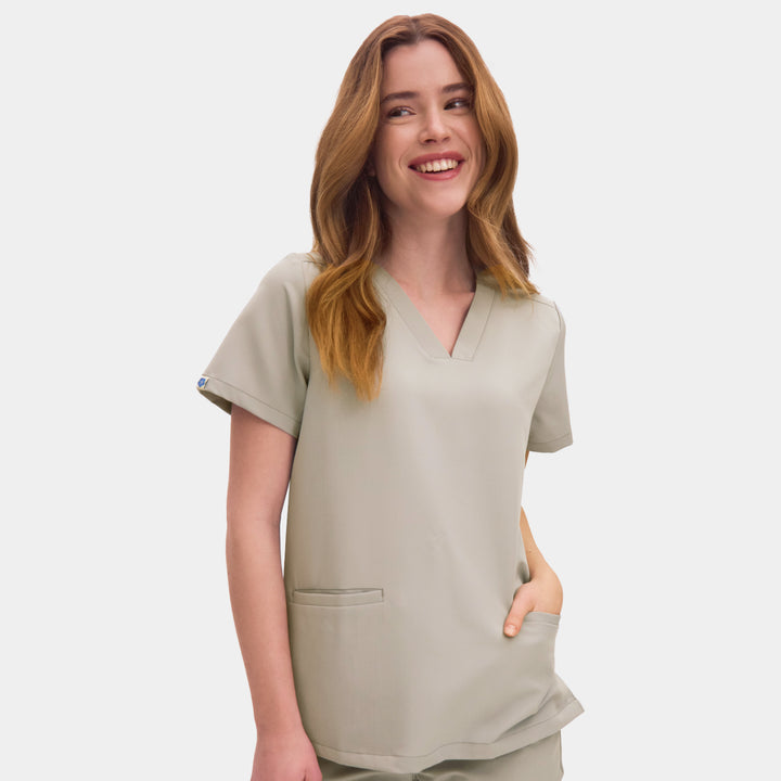 Front view of Allscrubs Women's Mild V-Neck Scrub Top in Sand