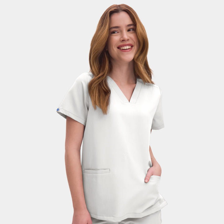 Front view of Allscrubs Women's Mild V-Neck Scrub Top in White