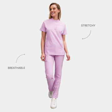 Full front view of Allscrubs Women’s Serene scrub set in lilac, showing collared top and straight-leg pants