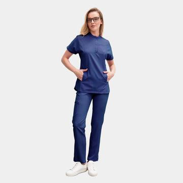 Allscrubs Women’s Serene scrub set in navy – collared top and straight-leg pants, full front view