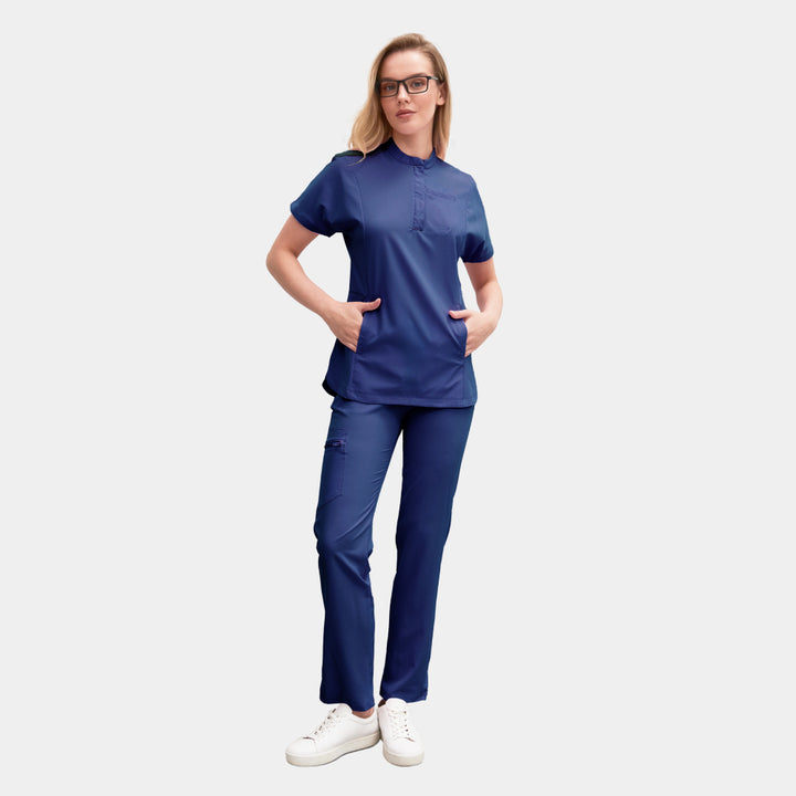Allscrubs Women’s Serene scrub set in navy – collared top and straight-leg pants, full front view