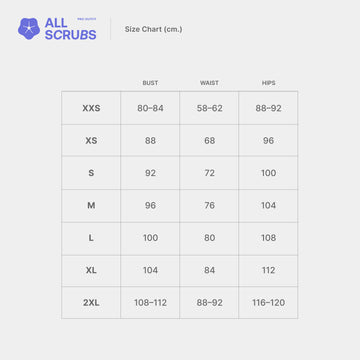 Size chart for Allscrubs Women’s Serene scrub set