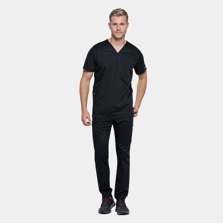 Cherokee Revolution Men’s Scrubs Set in Black – WW603 V-Neck Top and WW140 Cargo Pants