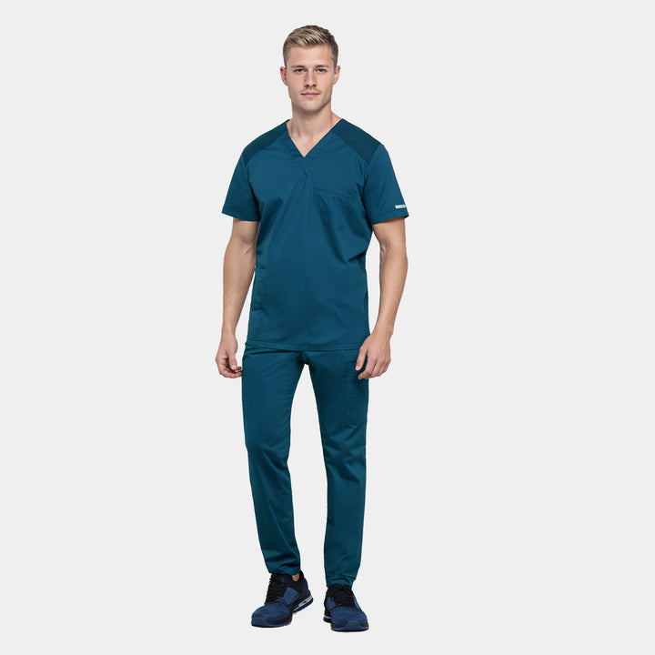 Cherokee Revolution Men’s Scrubs Set in Caribbean – WW603 V-Neck Top and WW140 Cargo Pants