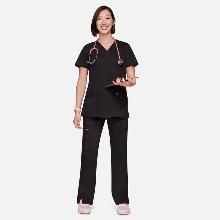 Cherokee Revolution women’s scrub set in Black – modern v-neck top and tapered pants with clean silhouette