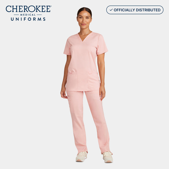 Alternative view of Cherokee Revolution women’s scrub set in Pink Essence – v-neck top and tapered pants