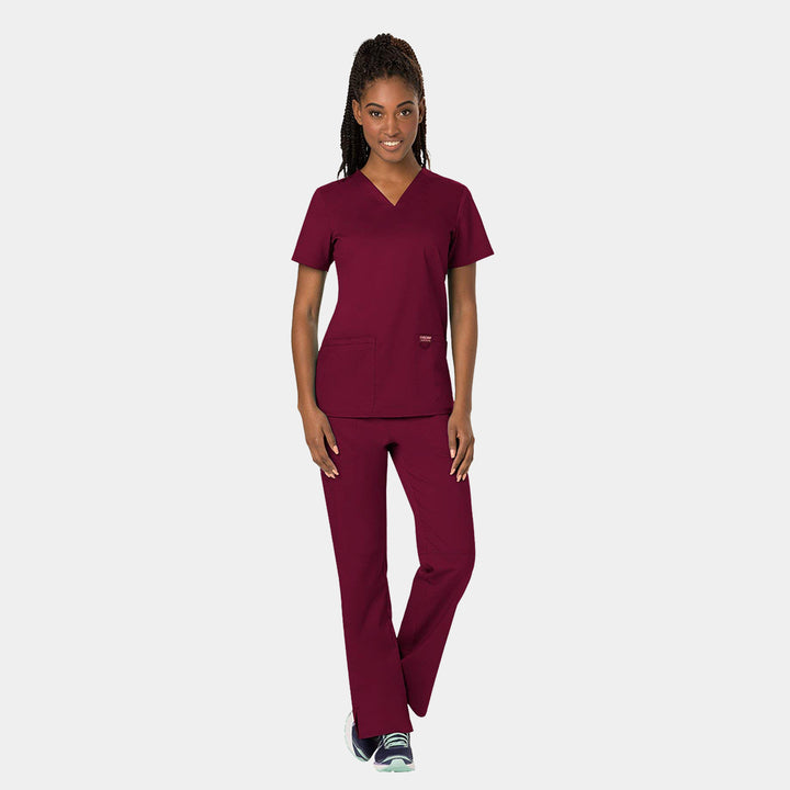 Alternative angle of Cherokee Revolution scrub set in Wine – flattering fit