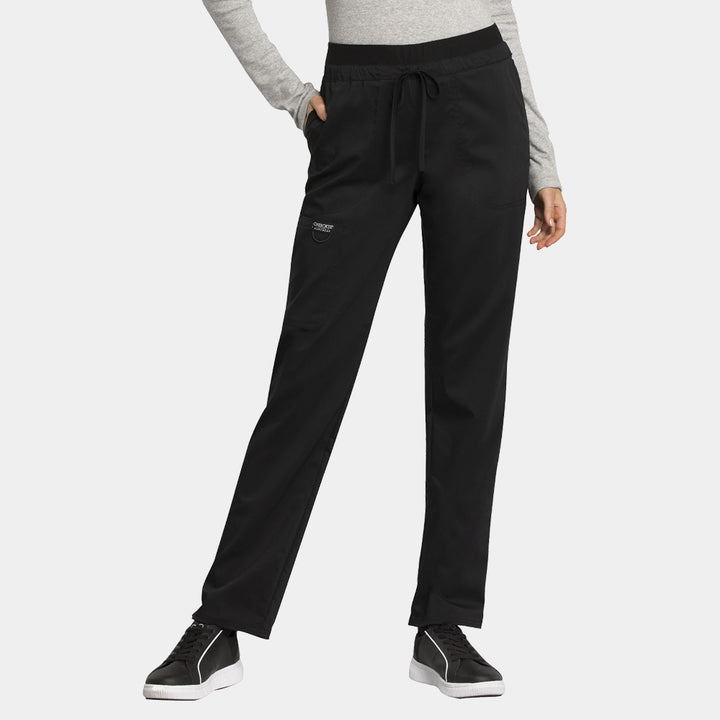 Front view of Cherokee Revolution WW105 women’s tapered drawstring scrub pants in black