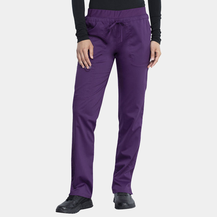 Front view of Cherokee Revolution WW105 women’s tapered drawstring scrub pants in eggplant