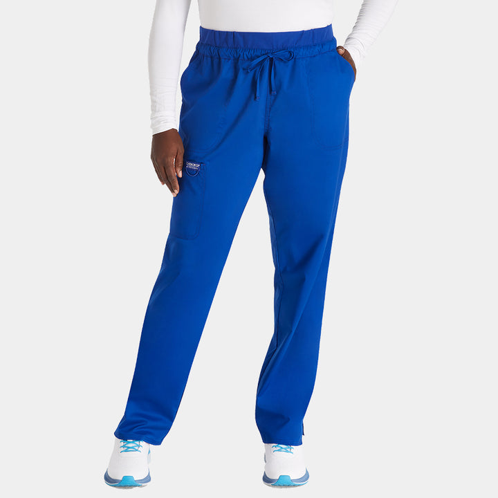 Front view of Cherokee Revolution WW105 women’s tapered drawstring scrub pants in galaxy blue