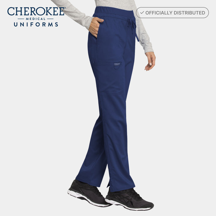 Side view of Cherokee WW105 women’s tapered scrub pants in navy