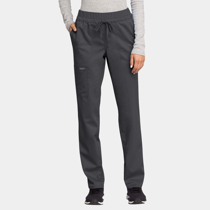 Front view of Cherokee Revolution WW105 women’s tapered drawstring scrub pants in pewter