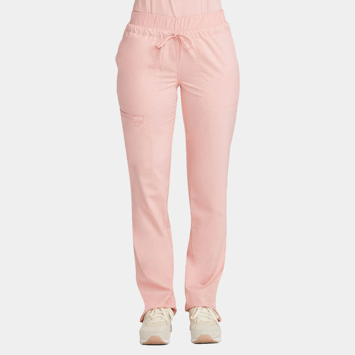 Front view of Cherokee Revolution WW105 women’s tapered drawstring scrub pants in pink essence