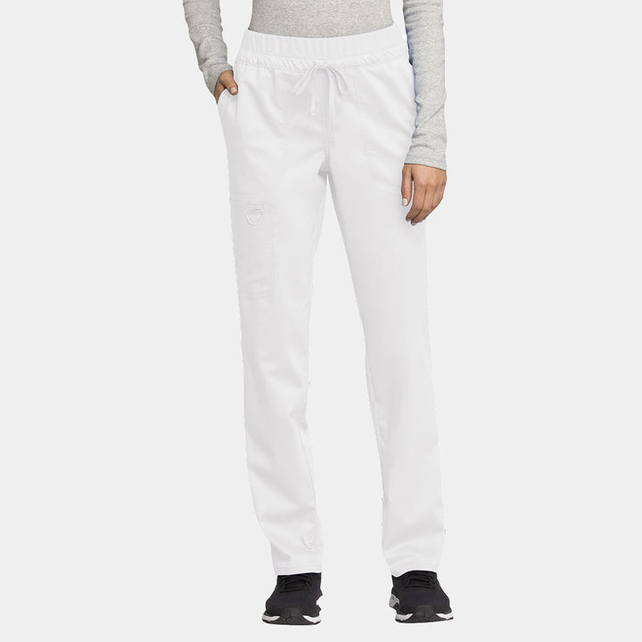 Front view of Cherokee Revolution WW105 women’s tapered drawstring scrub pants in white