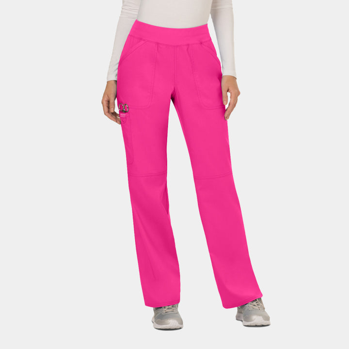 Front view of Cherokee Revolution WW110 women’s elastic waist cargo scrub pants in electric pink