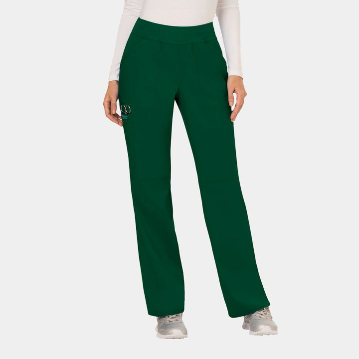Front view of Cherokee Revolution WW110 women’s elastic waist cargo scrub pants in hunter