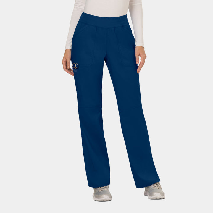 Front view of Cherokee Revolution WW110 women’s elastic waist cargo scrub pants in navy