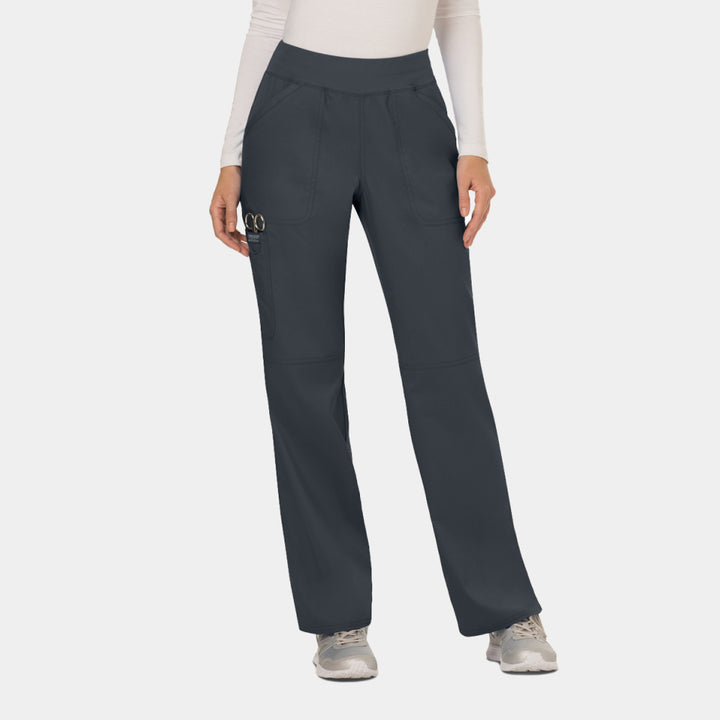 Front view of Cherokee Revolution WW110 women’s elastic waist cargo scrub pants in pewter