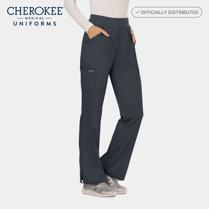 Side view of Cherokee WW110 women’s elastic waist cargo scrub pants in pewter