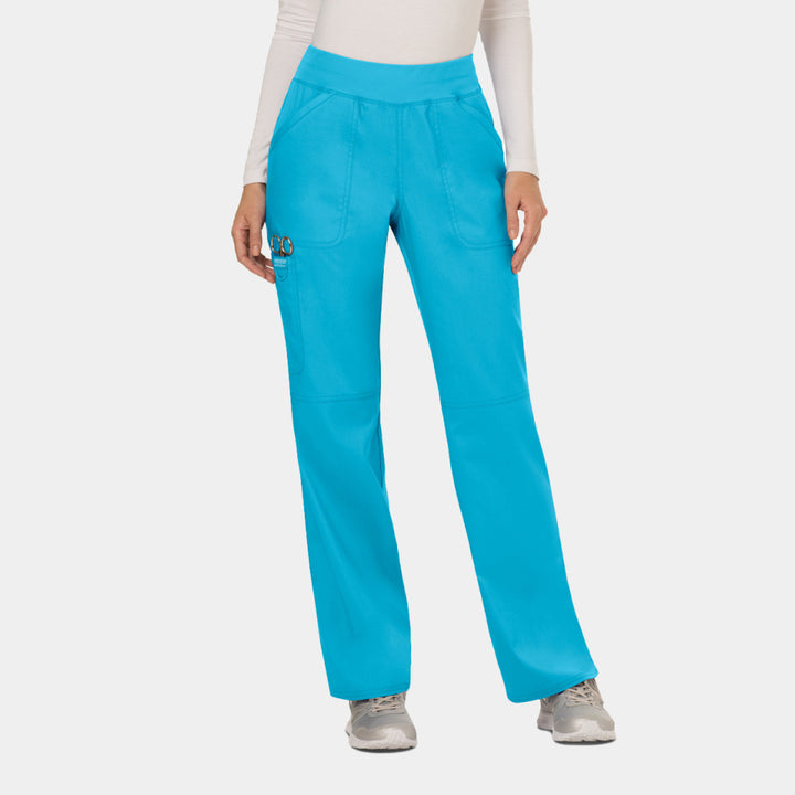 Front view of Cherokee Revolution WW110 women’s elastic waist cargo scrub pants in turquoise
