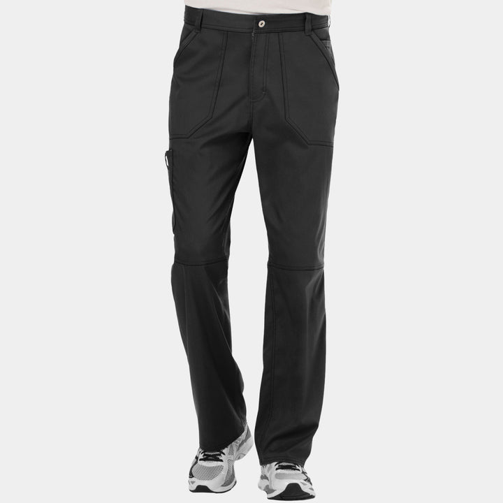 Front view of Cherokee Revolution WW140 men’s zip fly cargo scrub pants in black