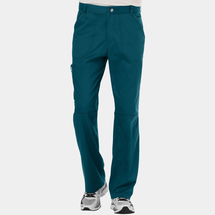 Front view of Cherokee Revolution WW140 men’s zip fly cargo scrub pants in caribbean