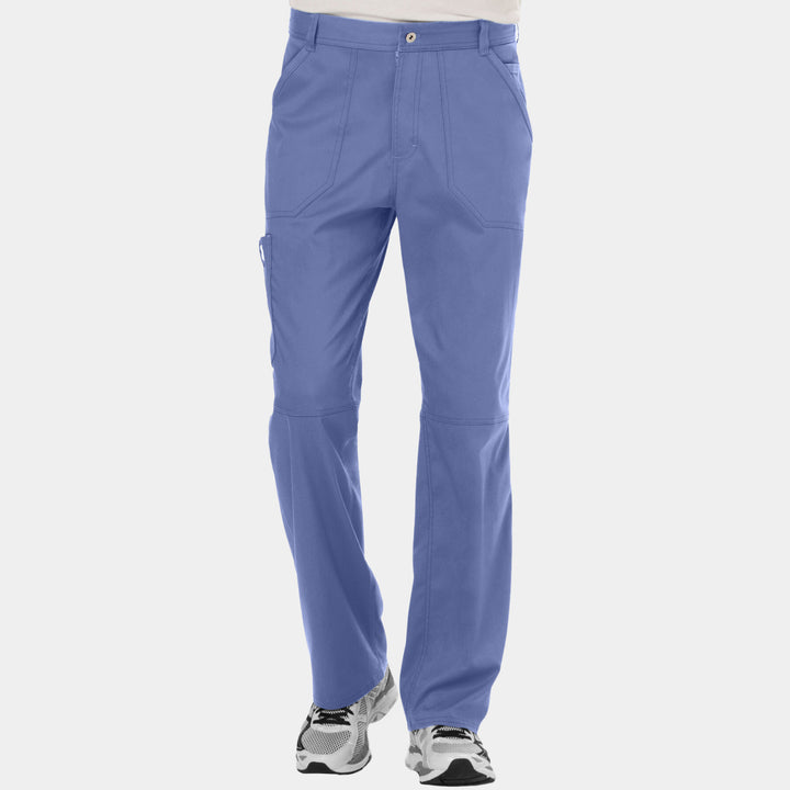Front view of Cherokee Revolution WW140 men’s zip fly cargo scrub pants in ceil
